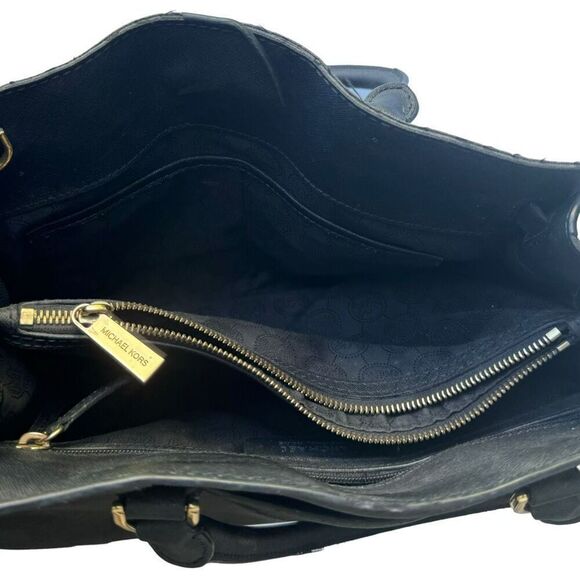 Michael Kors Black Dillon Saffiano Leather Gold EW Satchel Bag Purse - Picture 8 of 11